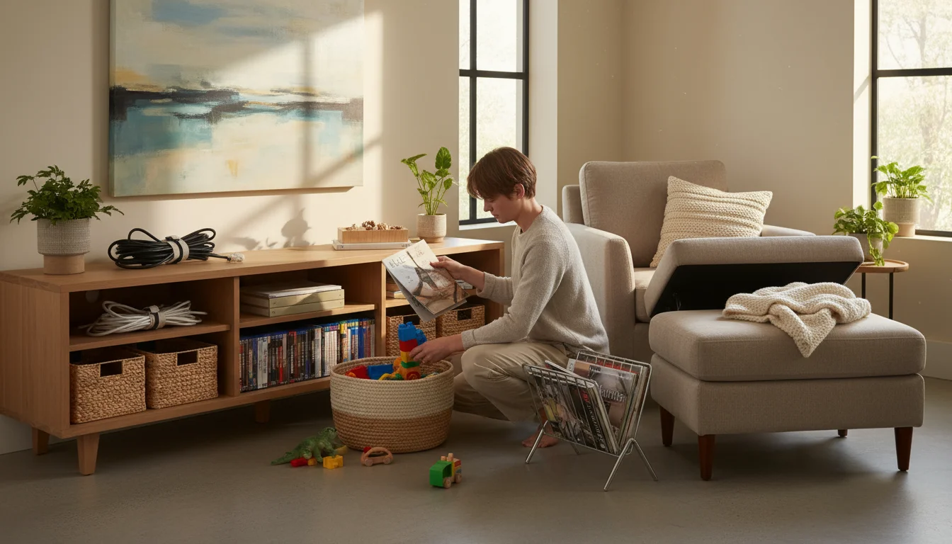 A parent and child organize a living room, putting magazines in a holder and a toy in a basket near a tidy media console.
