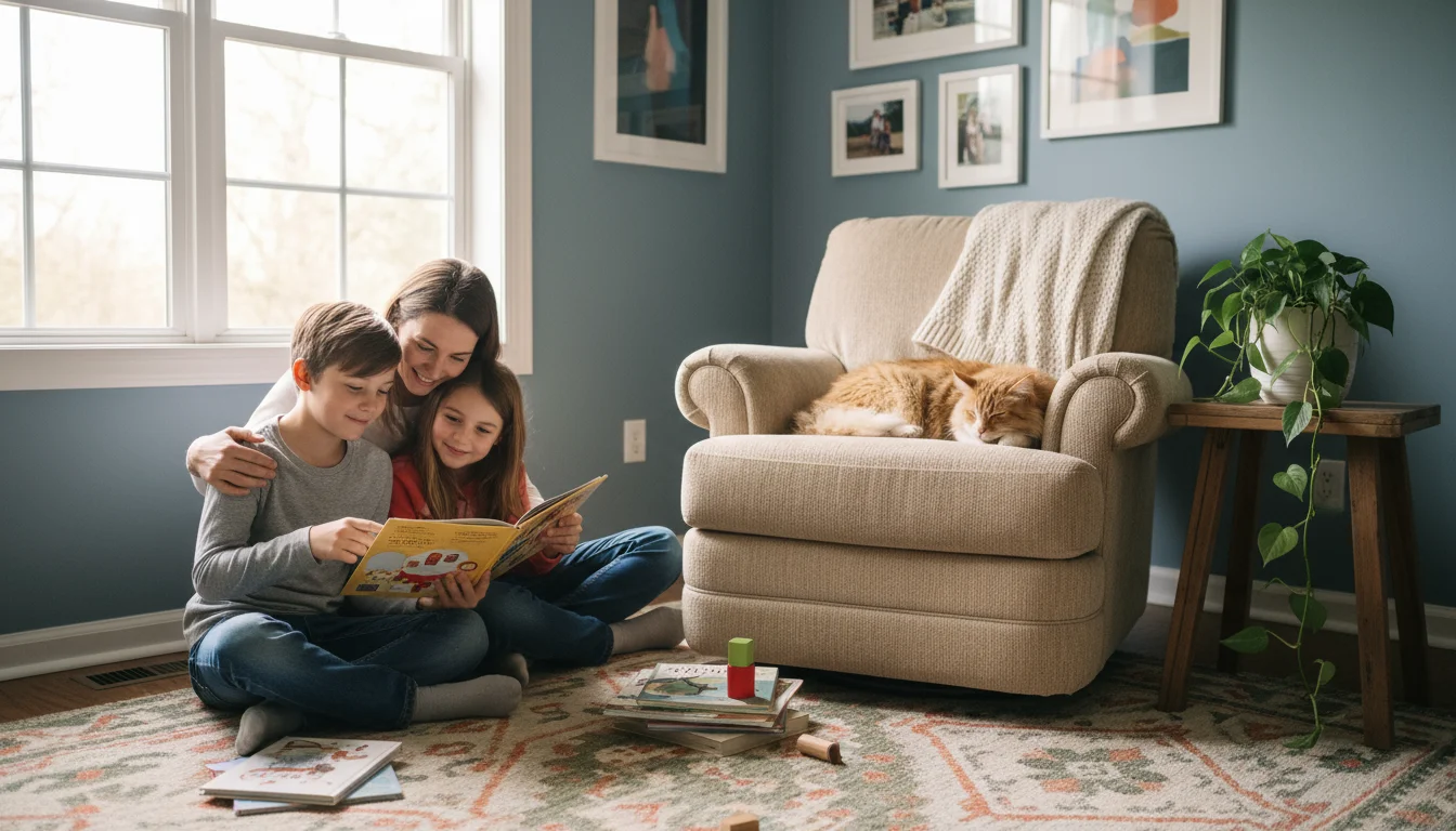 Parent and child reading a book together on a warm-toned, woven area rug in a cozy living room.