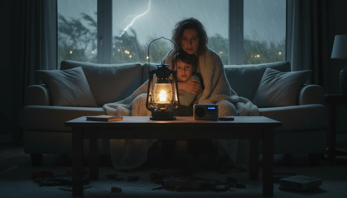 A parent and child sit on a sofa in a dimly lit living room, illuminated by a battery lantern. Rain streaks on the window.