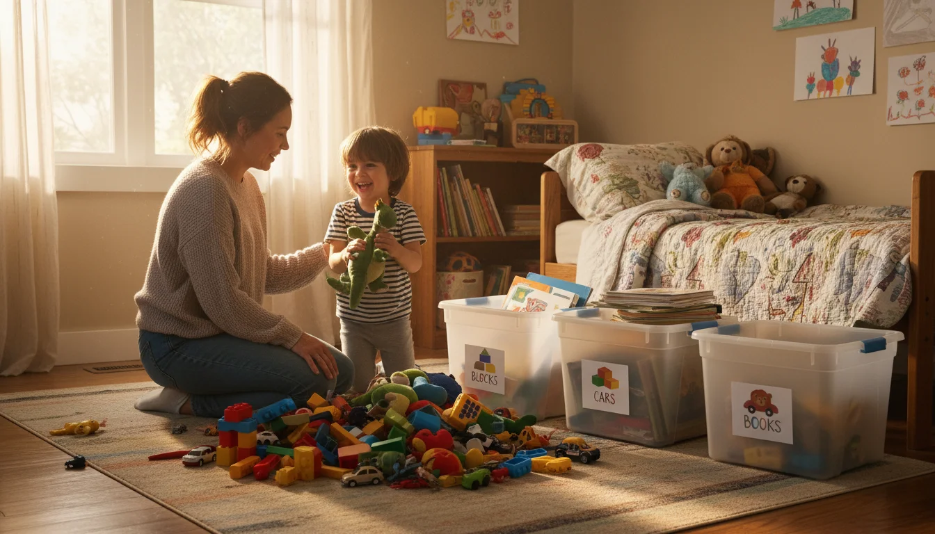 A parent and child sorting colorful toys into clear, labeled bins on a rug in a sunlit bedroom, actively decluttering.
