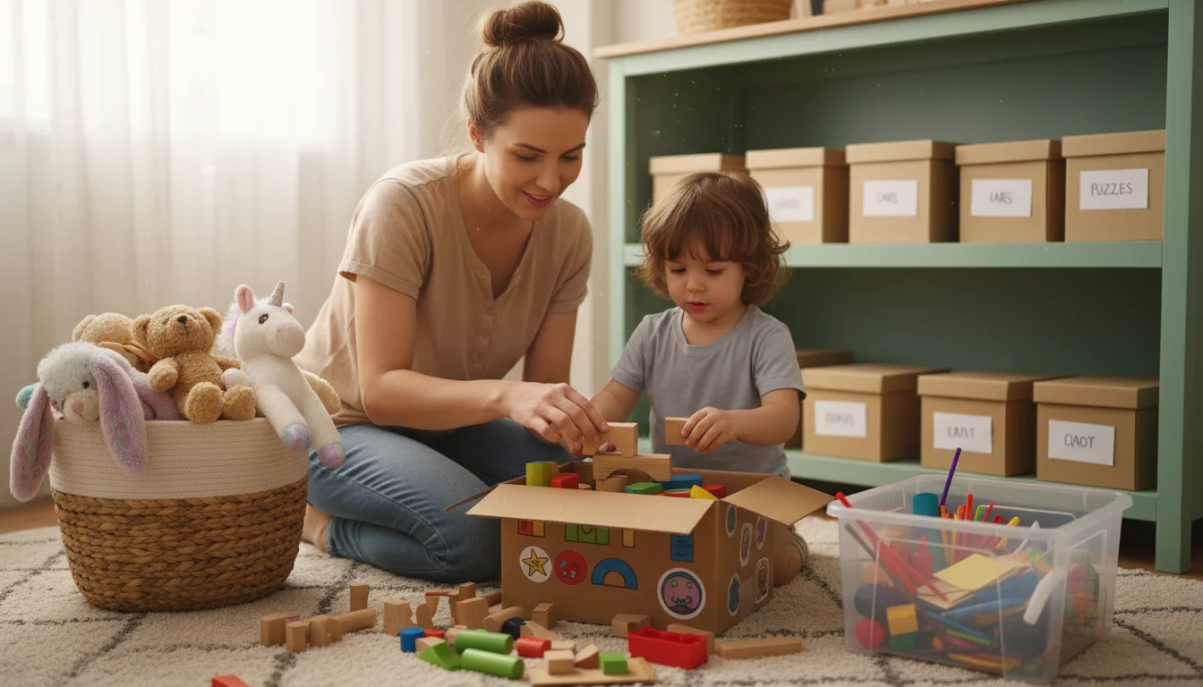 Parent and child sorting toys into decorated cardboard boxes, clear containers, laundry baskets, and labeled shoeboxes on a low shelf.