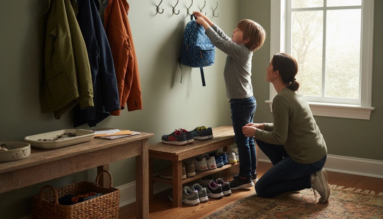Parent and child tidying an entryway. Child hangs a backpack on a hook, parent organizes shoes by a bench.