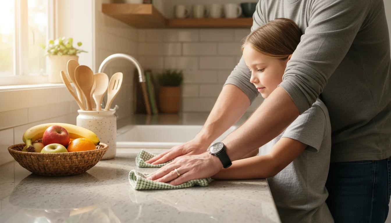 A parent and child wipe down a small kitchen counter together, with neat kitchen items in the background.