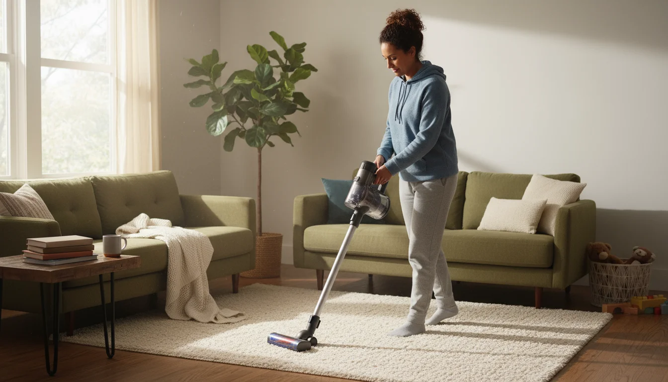 Parent in comfortable clothes quickly vacuums a sunlit living room rug on a weekend morning, resetting the space before family activities.