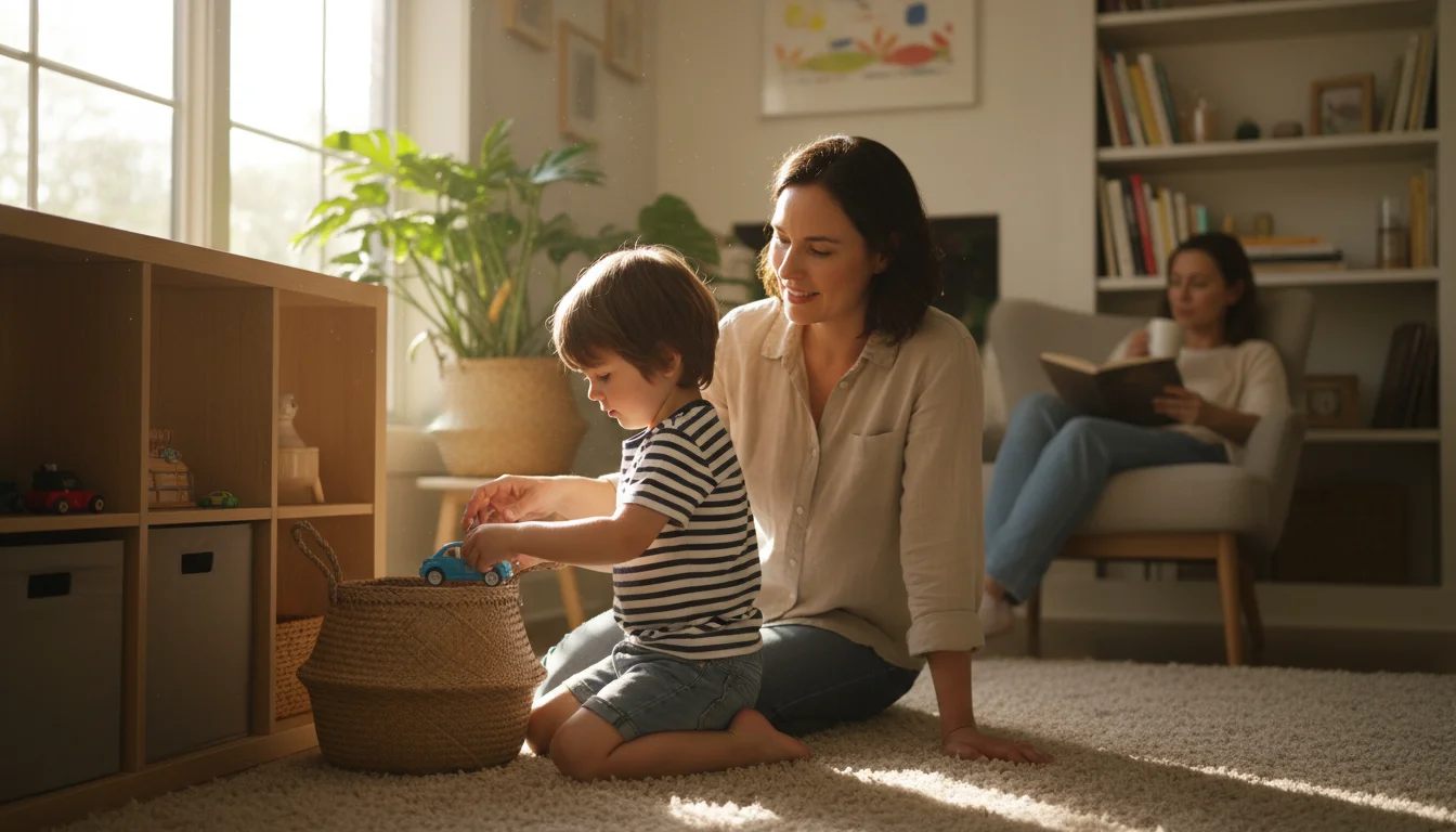 A parent gently guides their 6-year-old child to place a toy car into a wicker basket on a living room shelf, with another adult tidying a blanket nea