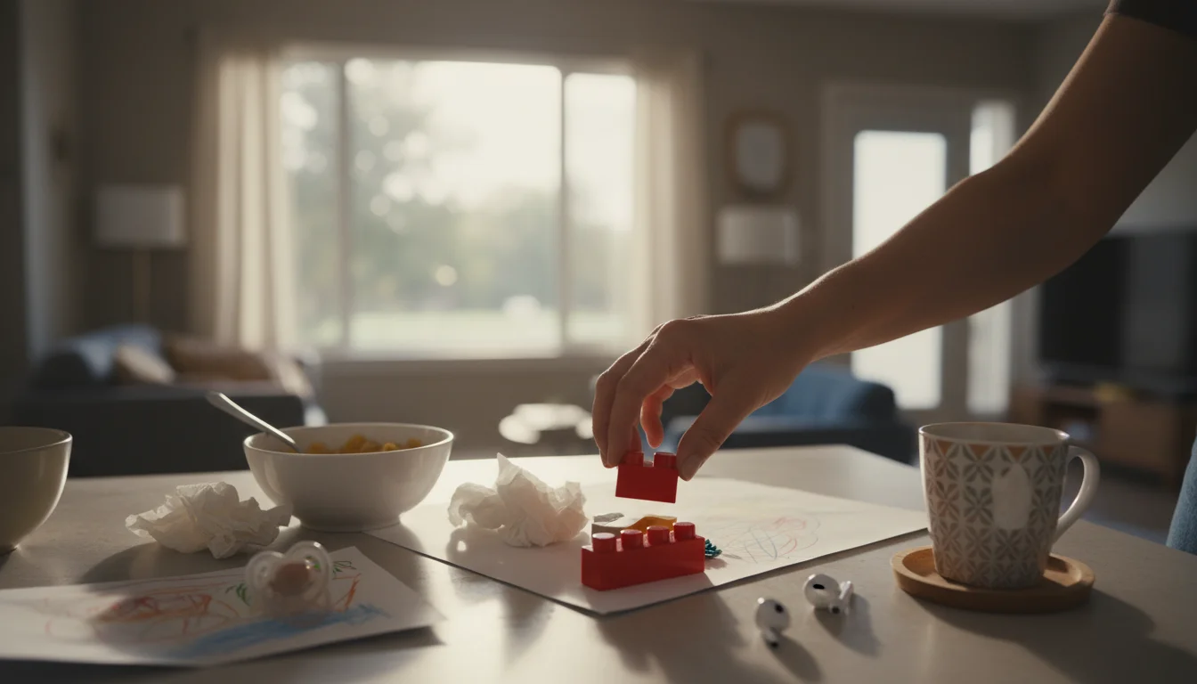 A parent's hand gently clearing a single item from a kitchen counter, with an earbud and a warm mug nearby, representing overcoming cleaning fatigue.