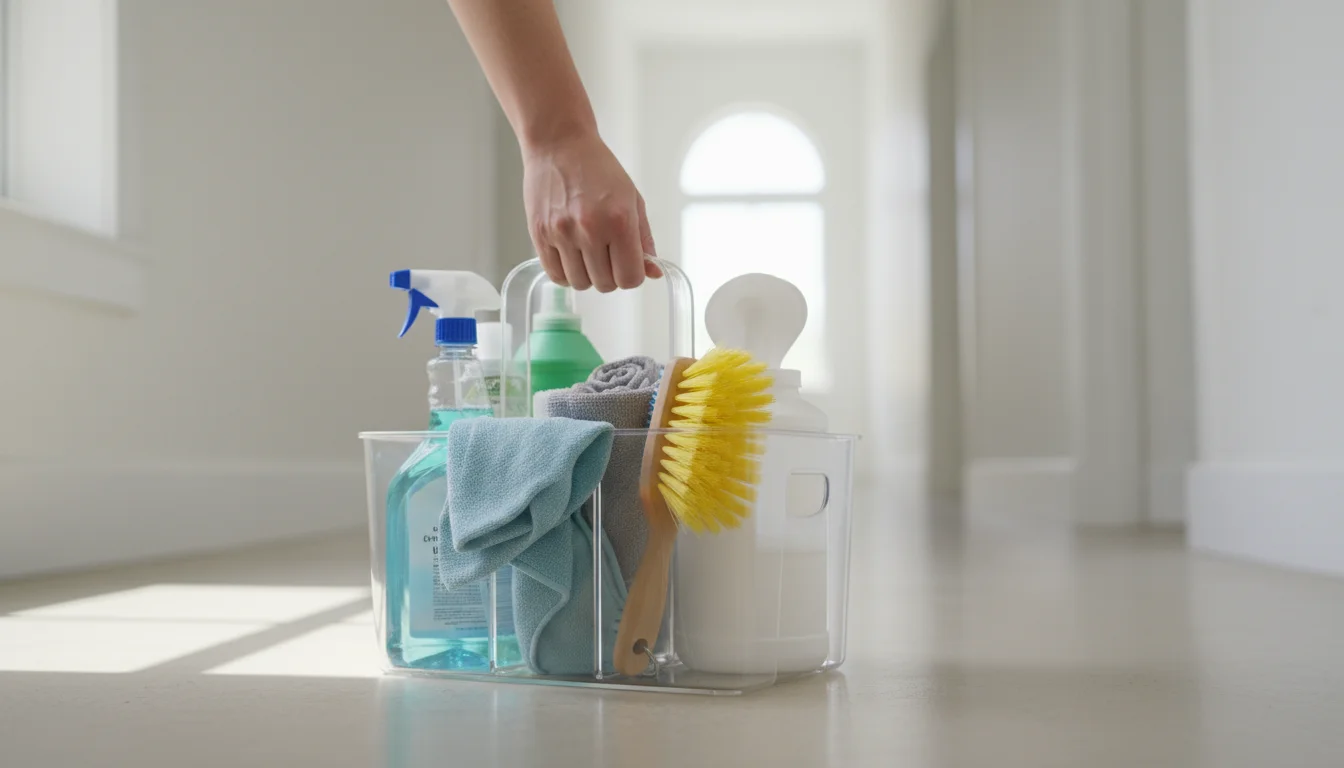 A parent's hand grabs a clear cleaning caddy filled with blue glass cleaner, green spray, cloths, yellow brush, and wipes from a bright hallway floor.