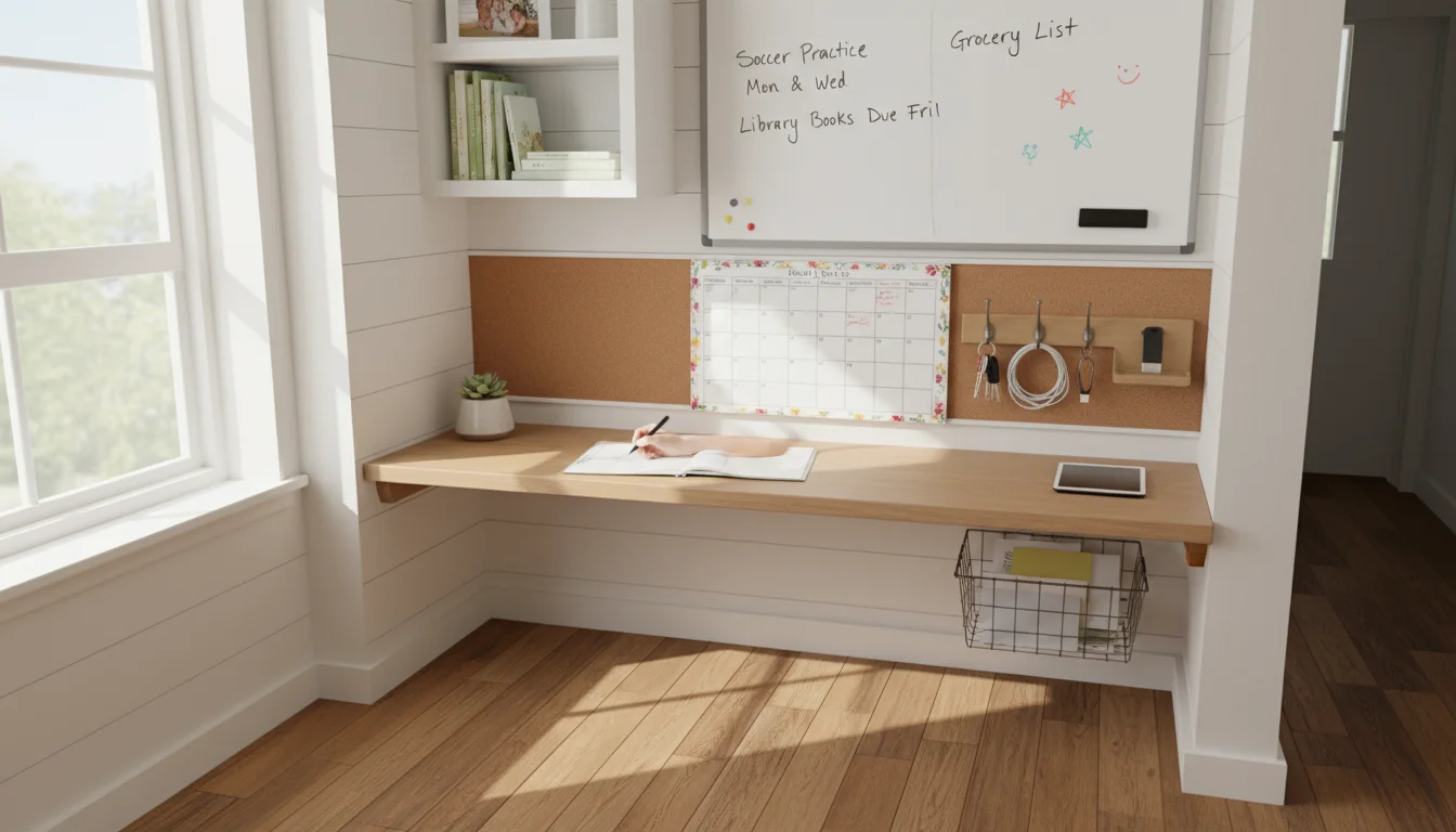A parent's hand with a pen resting on a family planner in an organized wall command center, showing a whiteboard and key hooks.