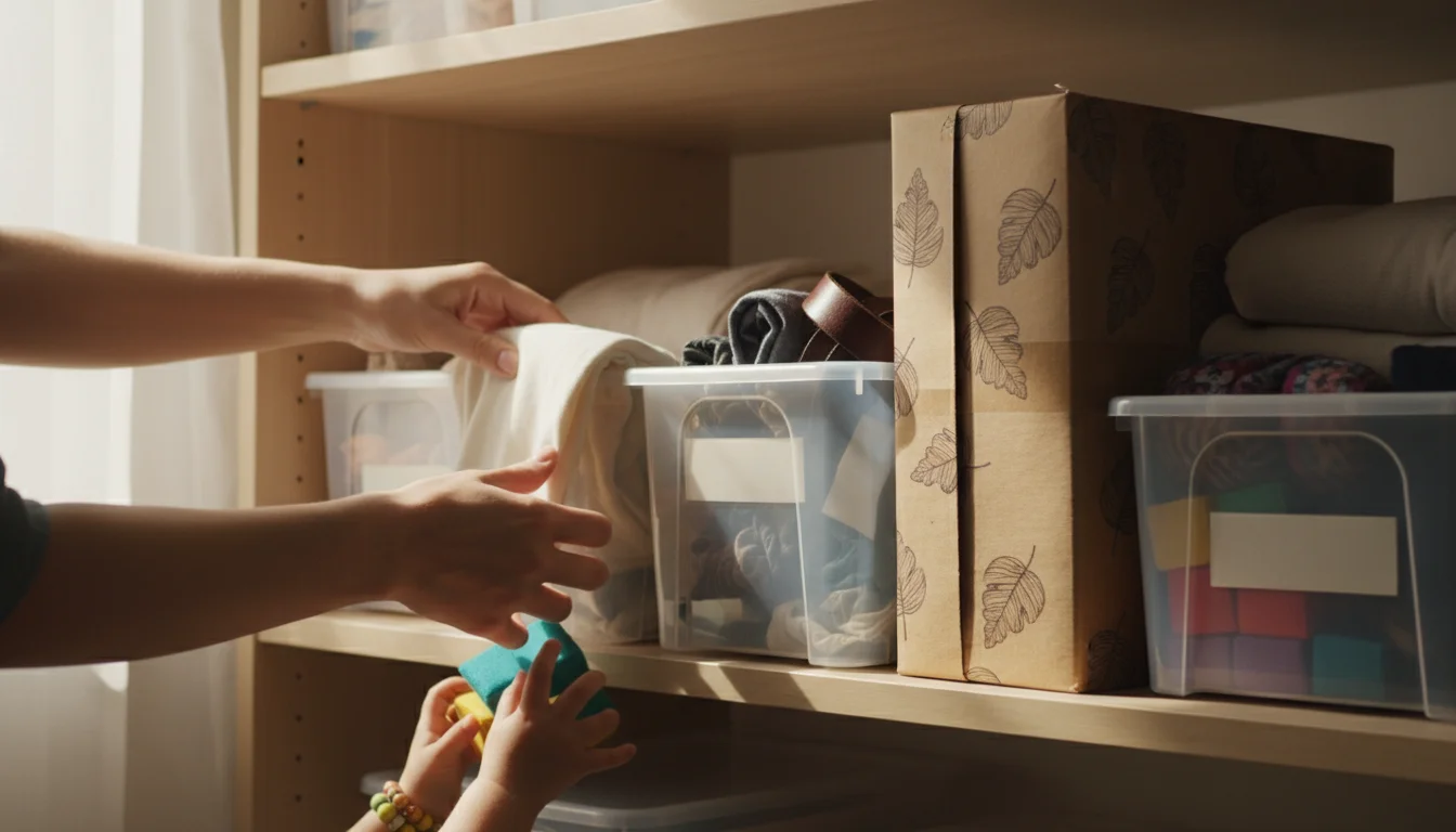 Parent's hands organizing clothes into clear bins and a repurposed shoebox on a family closet shelf, child's hand reaching into a bin.