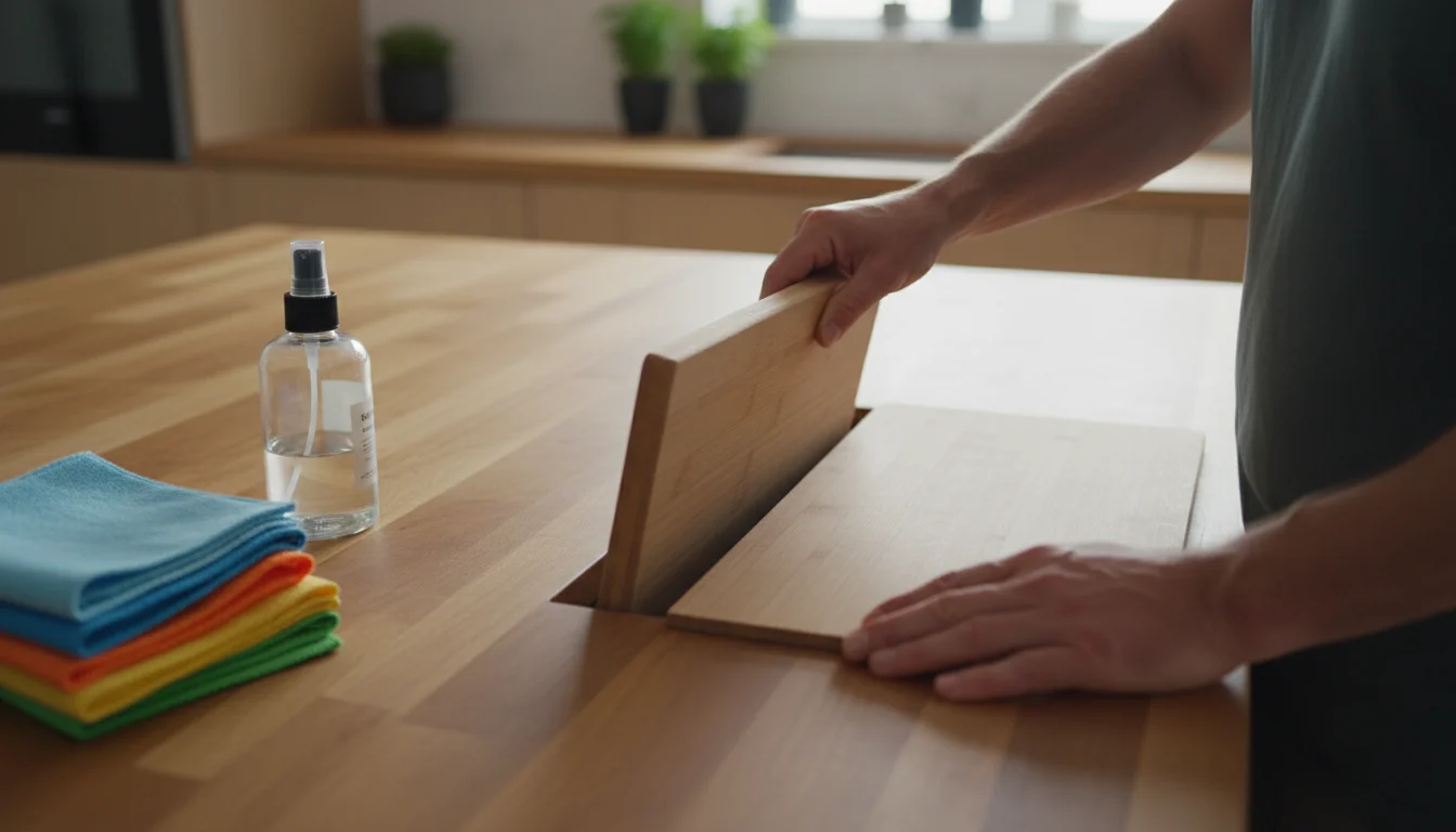 Parent's hands quickly putting away a wooden cutting board into vertical kitchen storage, clear counter with colorful microfiber cloths in warm light.