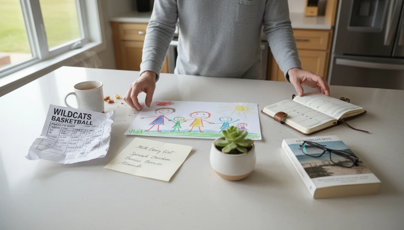 A parent's hands sorting colorful child's drawing, high school sports schedule, grocery list, planner, and keys on a kitchen island.