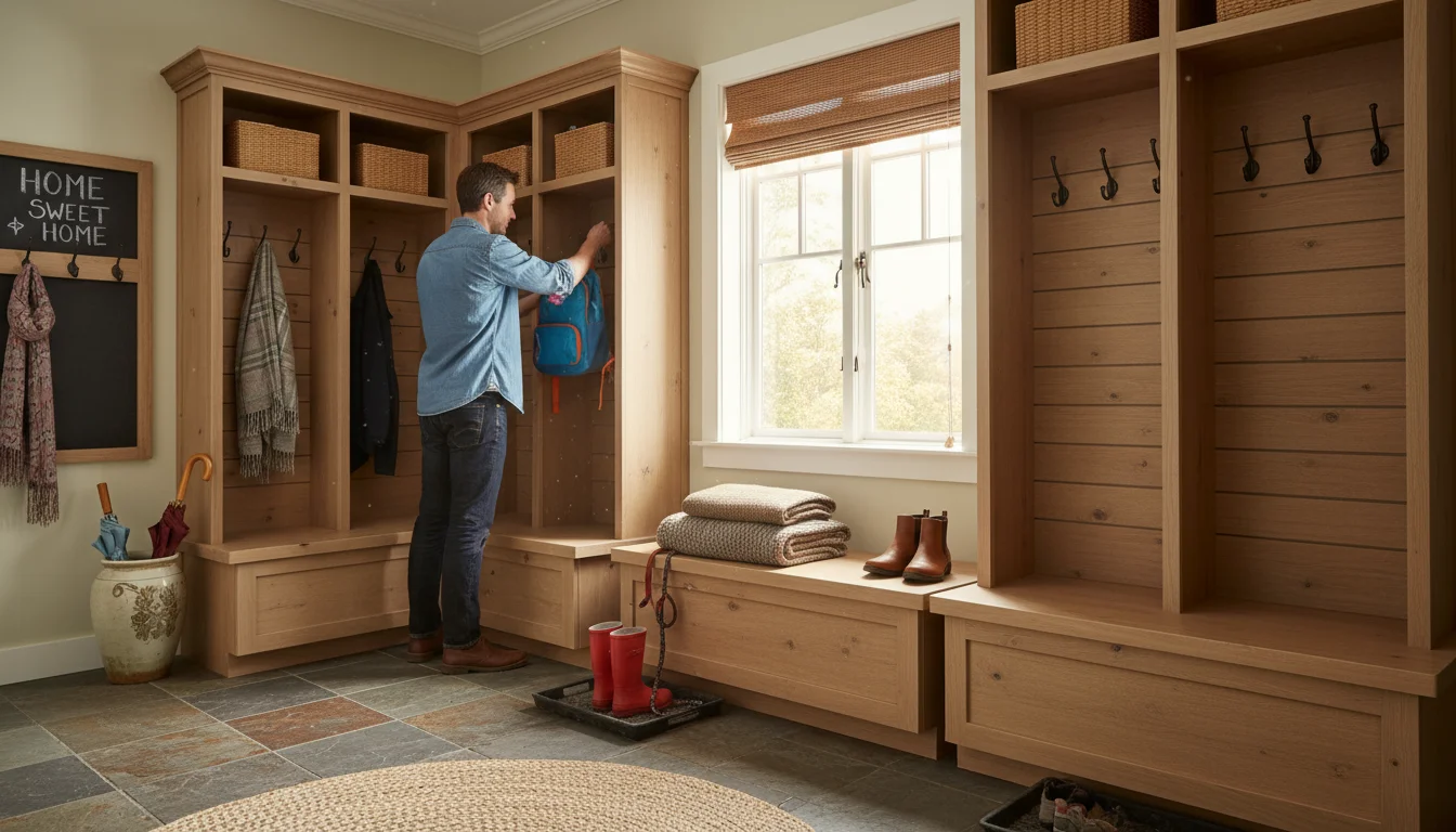 A parent hangs a backpack in a warm mudroom with built-in cubbies, a bench with storage, and shoe shelves.