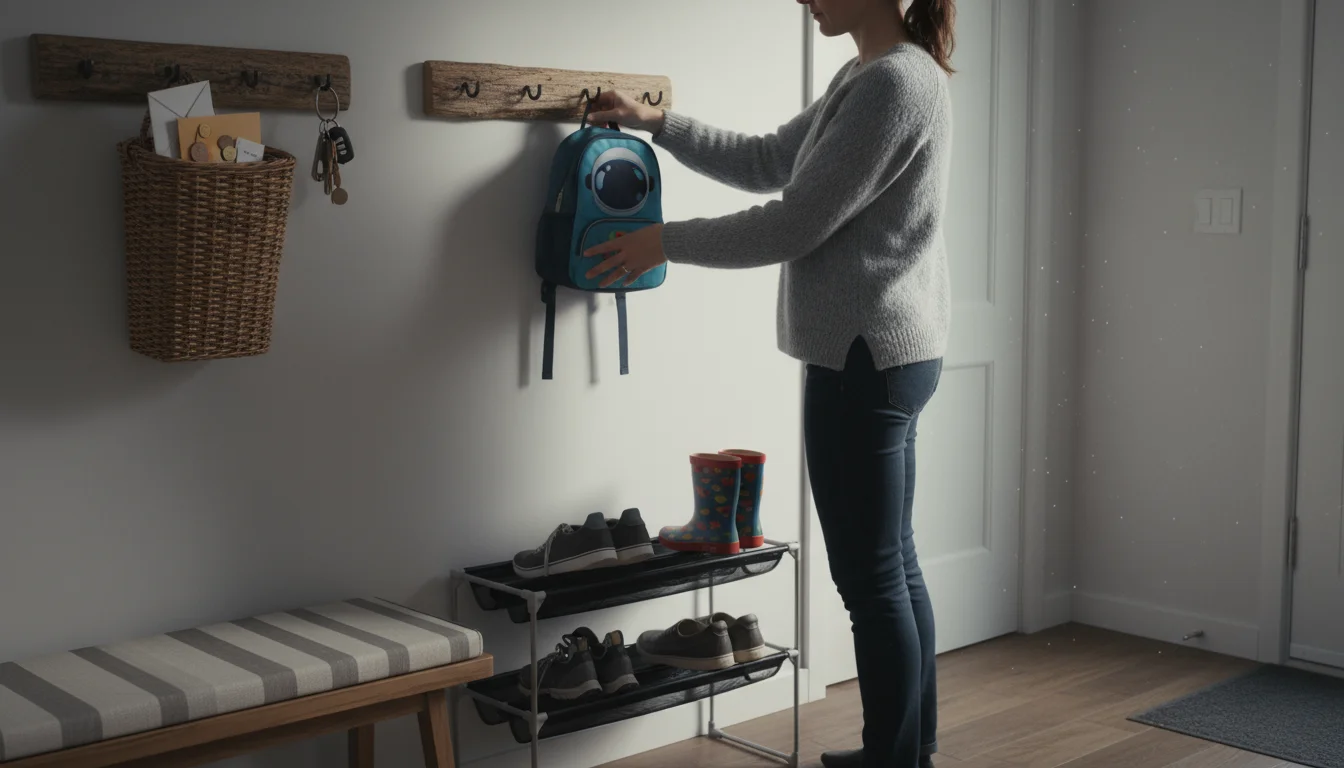A parent hangs a child's backpack in an organized entryway mudroom with shoe rack and key basket.