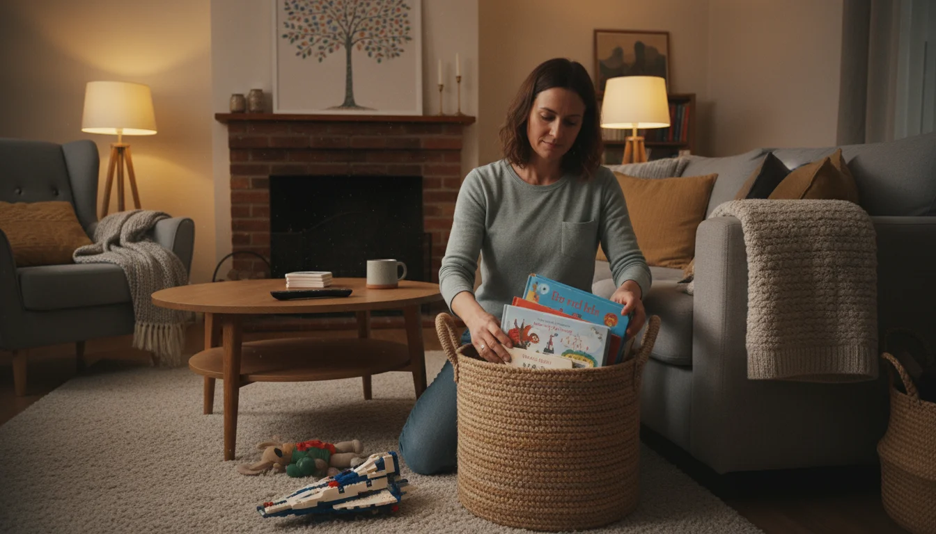 A parent kneeling in a cozy living room, putting children's books into a woven basket. A neatly placed remote is on the coffee table.
