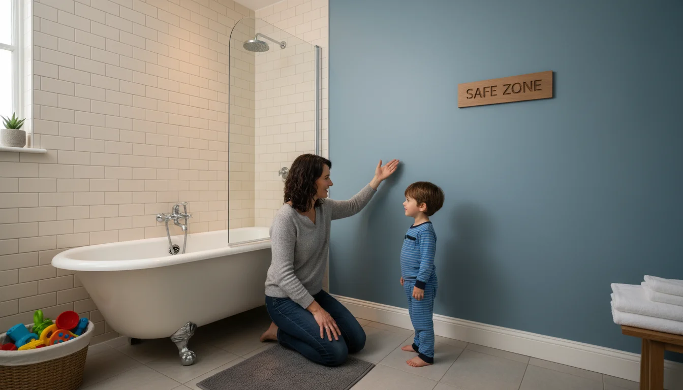 A parent kneeling, pointing to an interior bathroom wall while a young child listens attentively, demonstrating a safe shelter-in-place spot.