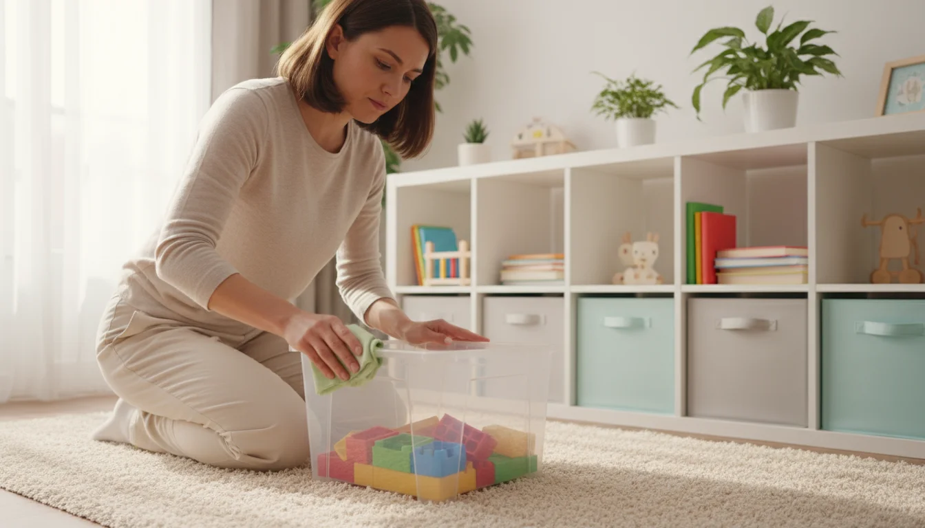 A parent kneeling, wiping a clear toy bin full of blocks on a rug. Organized shelves with toys are in the background.