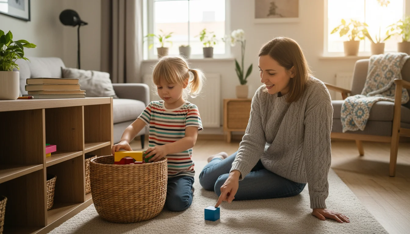 A parent kneels, guiding a child who is putting building blocks into a woven basket in a sunlit living room.
