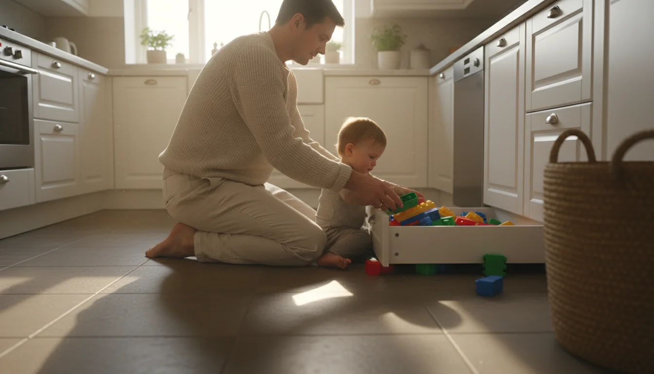 A parent kneels on warm gray tile in a sunlit kitchen, helping a child organize toys on the floor.