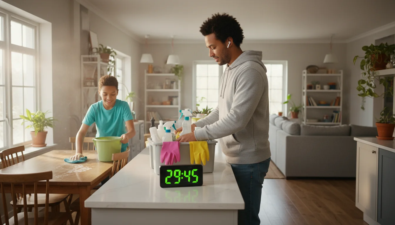 Parent (30s) and pre-teen child (10s) efficiently starting a cleaning routine in a bright kitchen. Parent fills a caddy, child wipes a table, timer vi