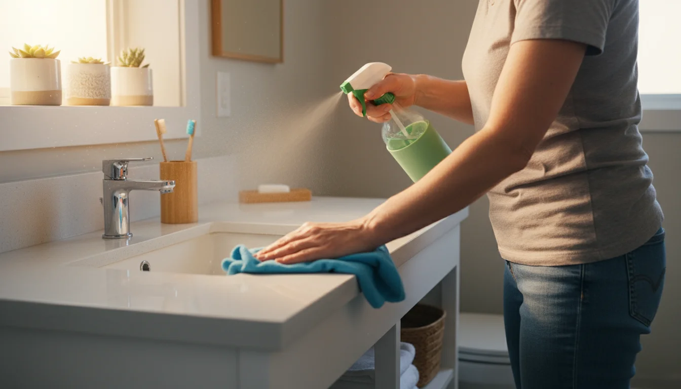 Parent (40s) quickly wiping a bathroom counter and sink with a spray bottle and cloth in natural morning light.