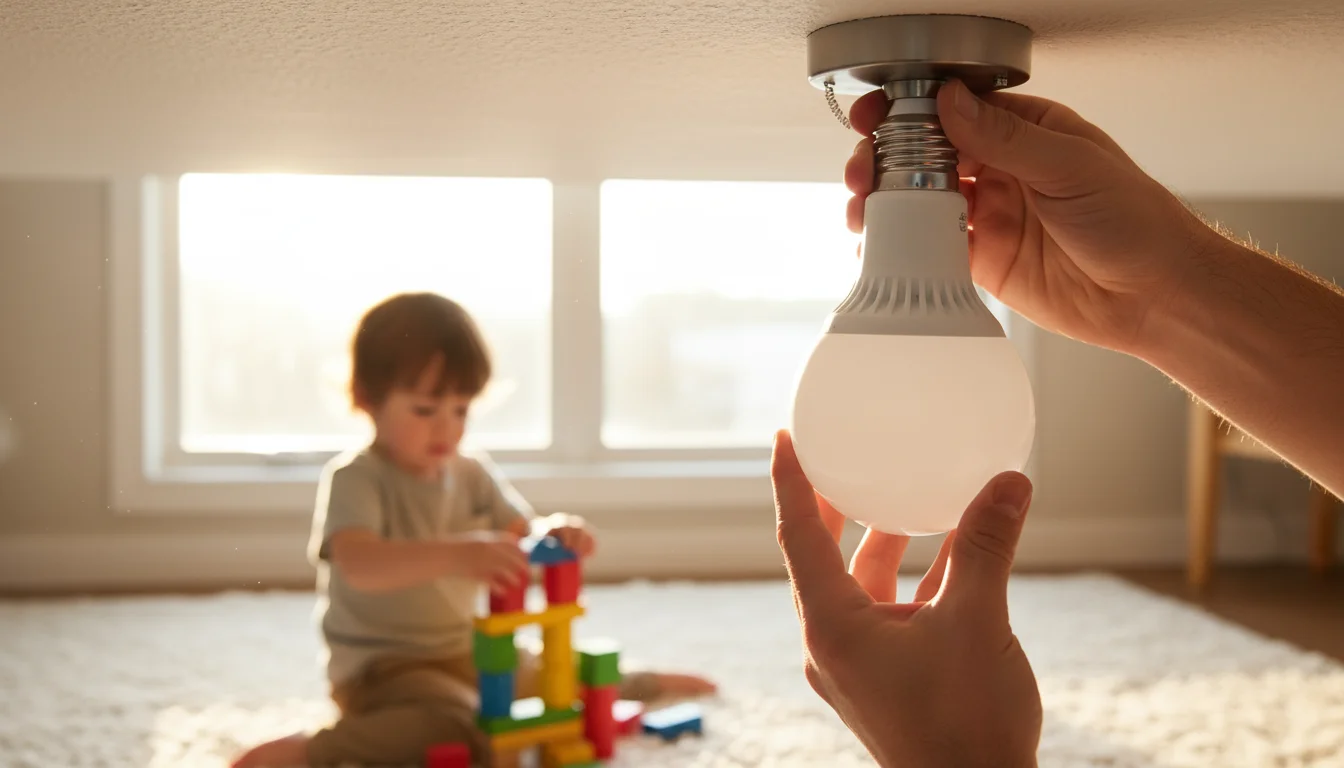 A parent screws an LED light bulb into a ceiling fixture in a child's bedroom, while a toddler plays on the rug below.