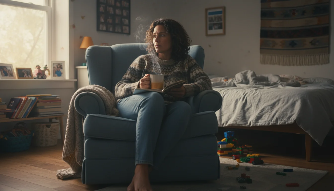 Parent sitting in a cozy armchair with a mug and notebook, looking thoughtfully towards a closet in a warm bedroom.