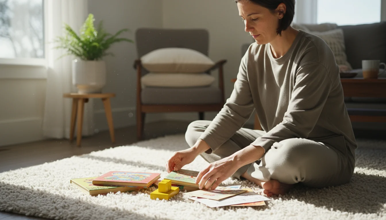 Parent sitting on a cozy rug in a bright living room, sorting a small pile of household items into two woven baskets, one for donations.