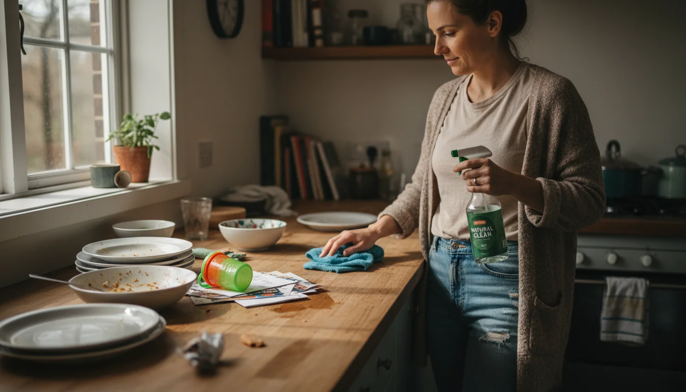 A parent stands in a real kitchen, holding cleaning supplies, looking at a slightly cluttered counter with dishes, mail, and a child's cup.
