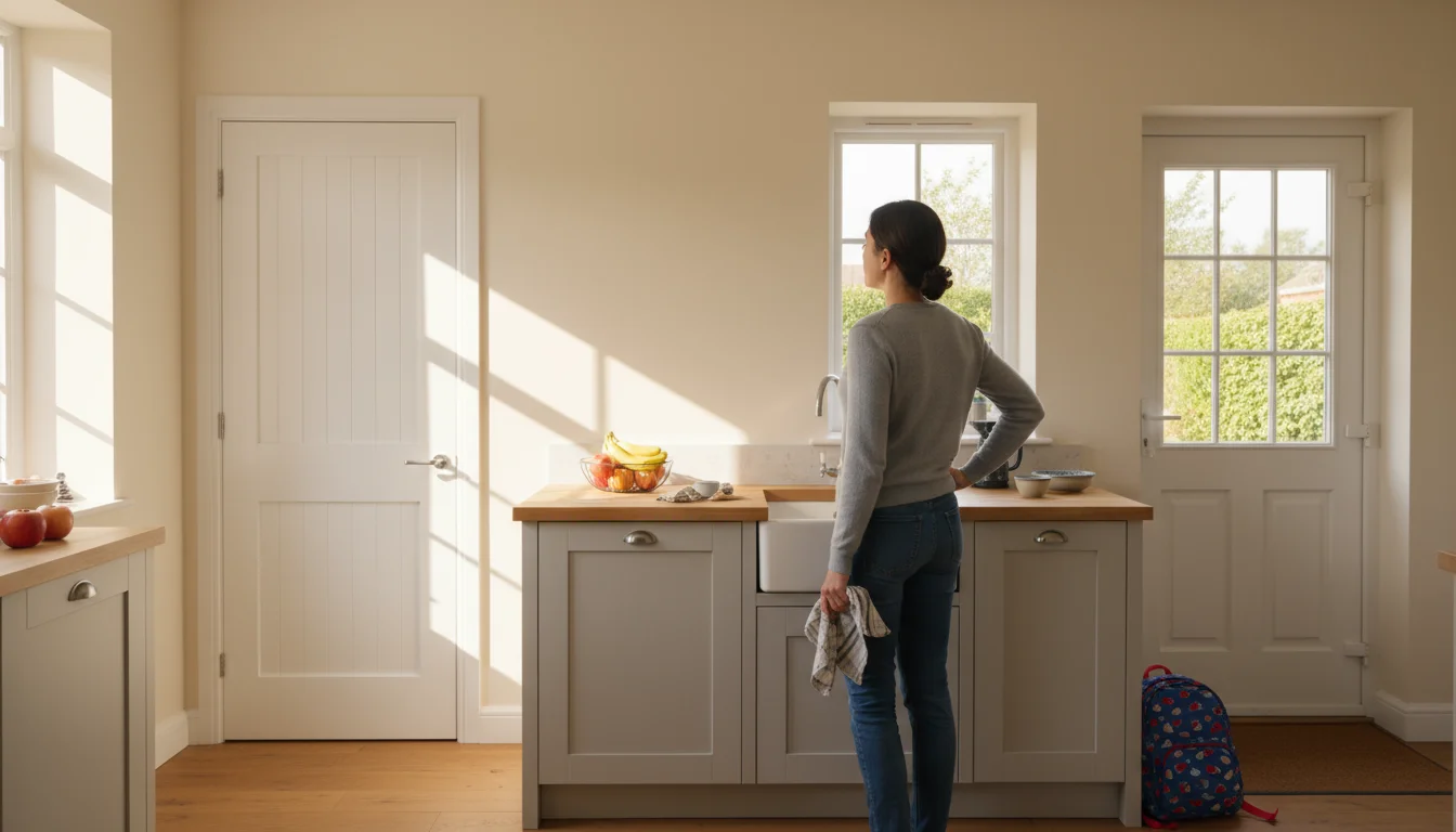A parent stands in a sunlit kitchen, thoughtfully looking at a clear wall space, considering it for a new family command center.