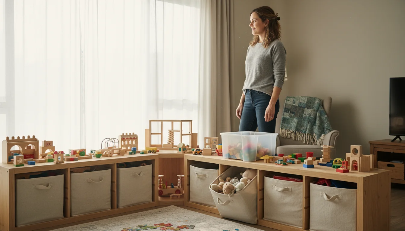 A parent stands thoughtfully in a living room, observing a well-used cubby toy storage system with fabric bins and toys.
