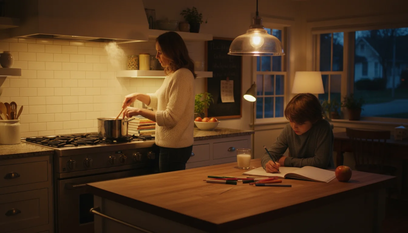 Parent stirs pot in a well-lit kitchen while child does homework at the island under a warm pendant light.