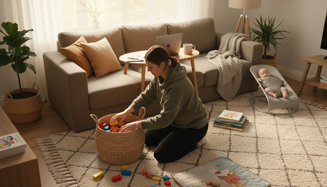 Parent tidies toys into a basket on a living room rug; a laptop and baby bouncer in the background suggest a versatile family space.