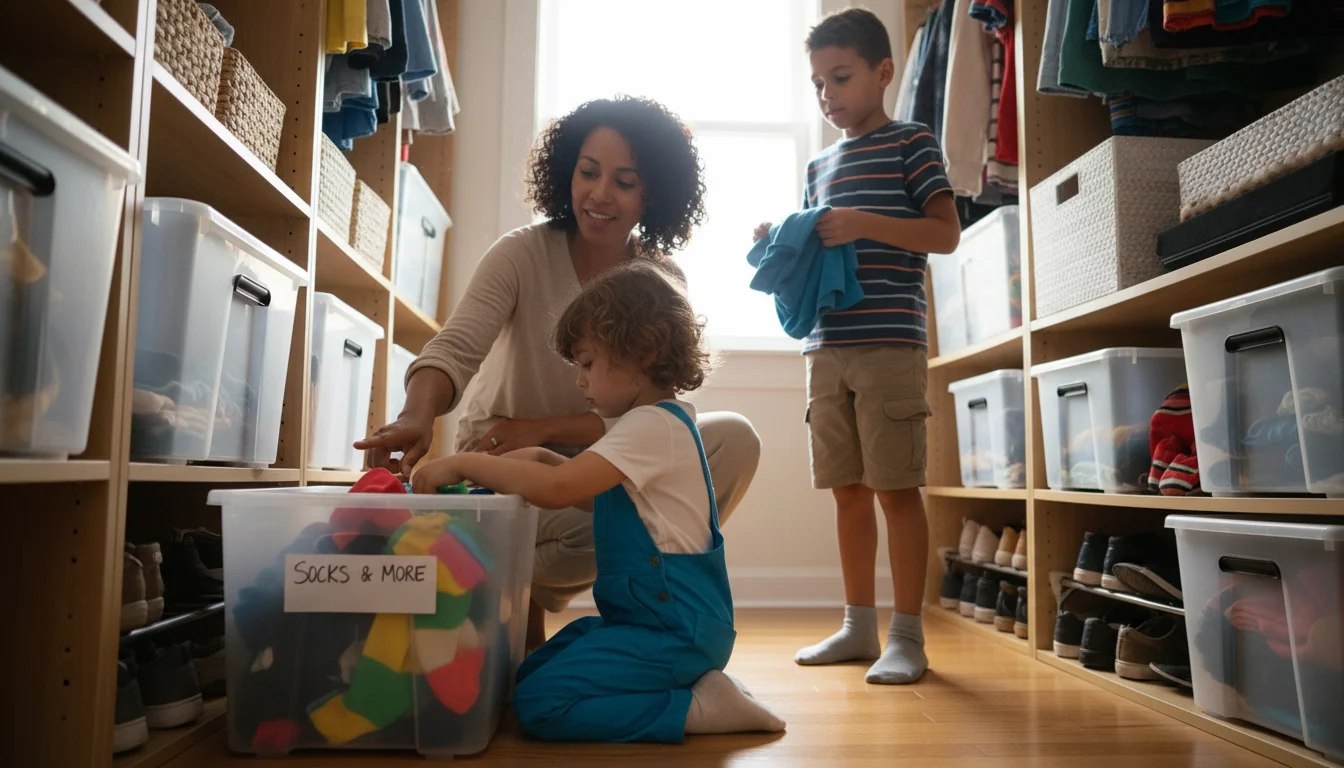 A parent and two children (approx. 6 and 10) organizing a closet. The younger child puts socks in a labeled bin, while the older holds a folded shirt,