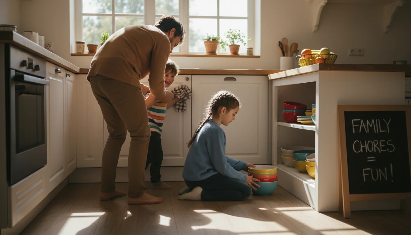Parent and two children happily tidying a bright kitchen: one child wipes a cabinet, the other organizes bowls.