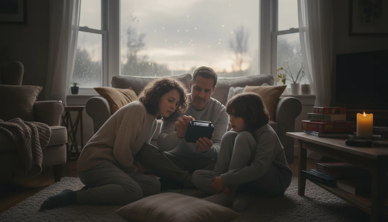 A parent and two children huddle together in a dimly lit living room, listening intently to a small battery-powered radio after a storm.