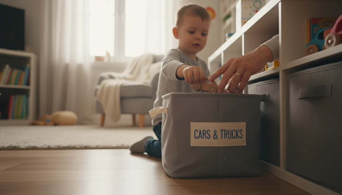A parent and young child place a toy car into a fabric bin on a low cubby shelf in a cozy living room, showing daily toy organization.