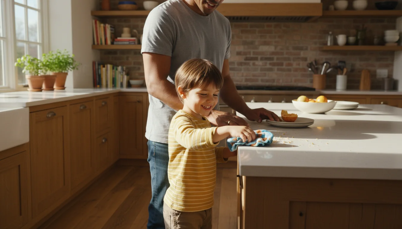 Parent and young child smiling, wiping kitchen counter together, another adult putting dishes away in background.