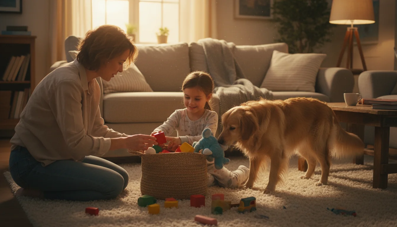 Parent and young child tidying toys into a woven basket in a warm-lit living room at dusk, with a dog helping.