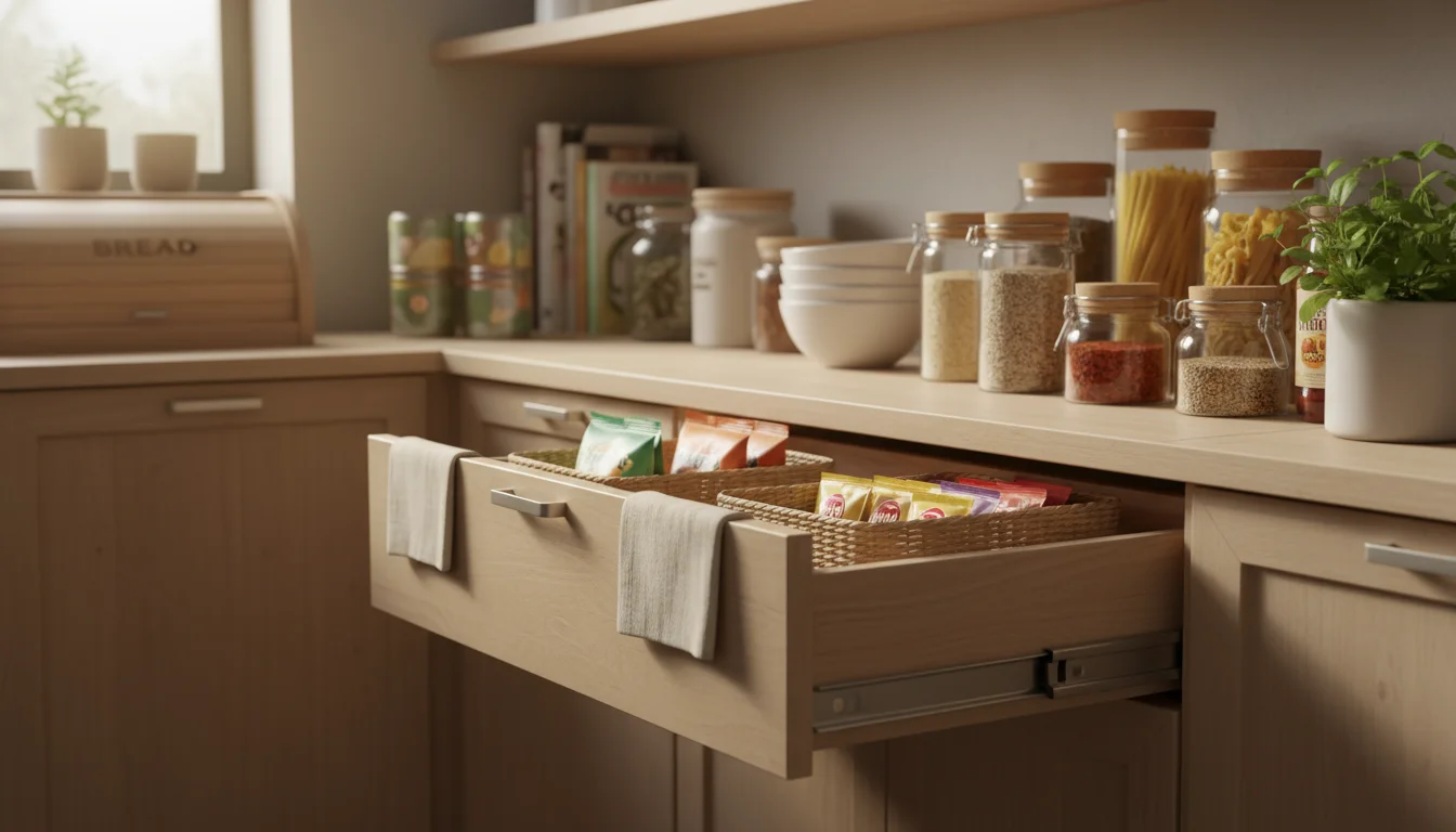 Partially extended pantry pull-out drawer with woven baskets, a tiered riser of cans, and a turntable of oils on the shelf above.