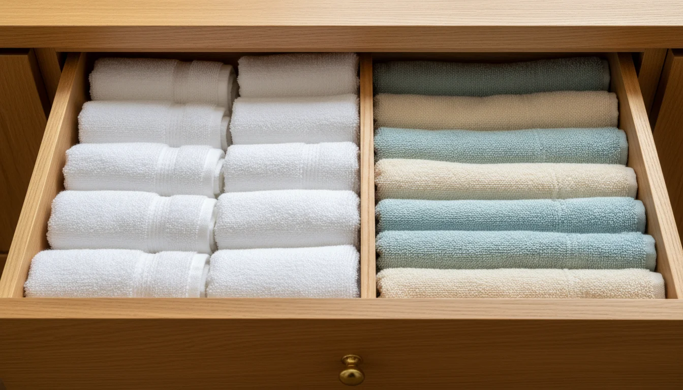 Partially open drawer with neatly folded towels: white towels stacked on the left, light blue and cream towels folded vertically on the right.