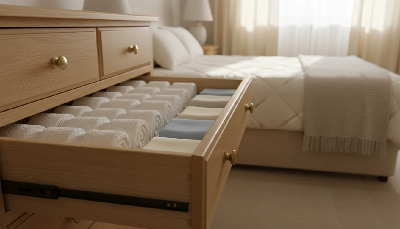 Partially open light wood dresser drawer displaying neatly rolled bath towels and vertically folded sheet sets, organized for easy access.