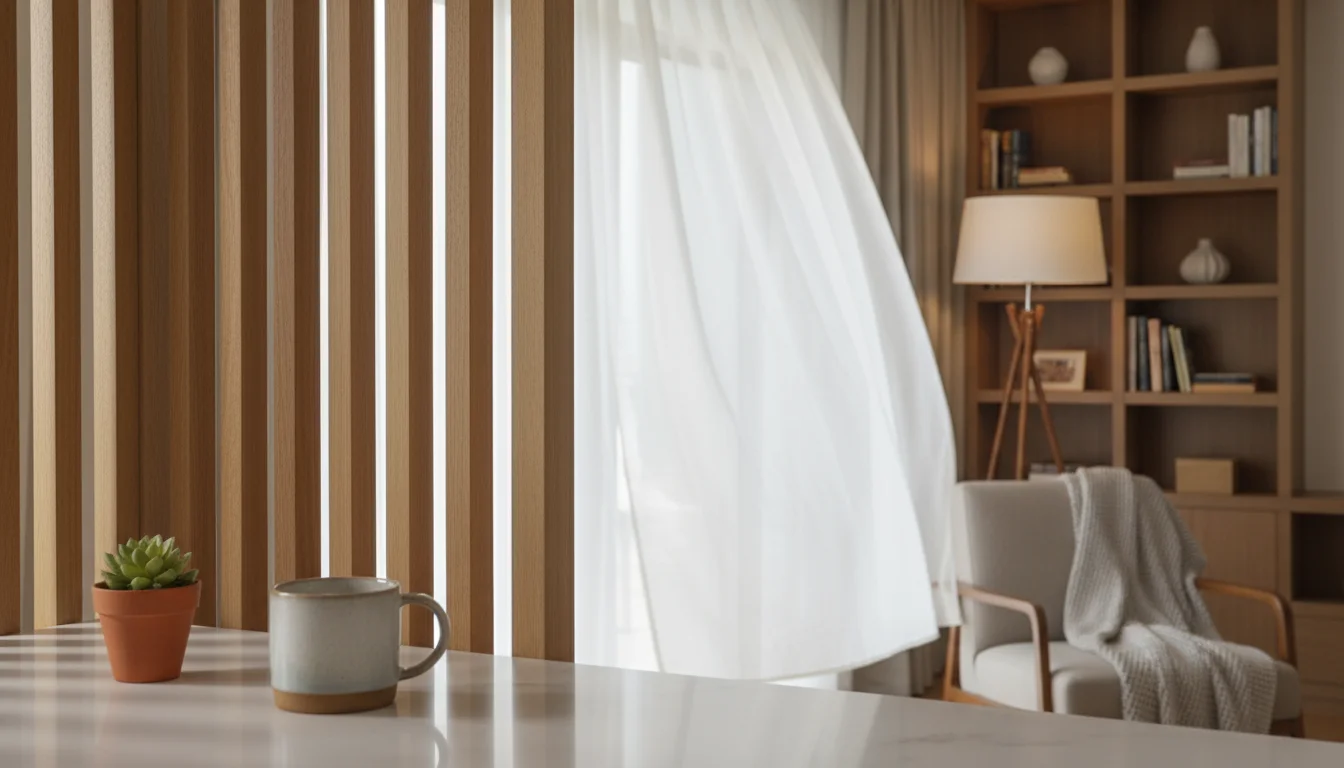 A partially open, light wood slatted room divider in a studio. A sheer white curtain billows behind it, showing air movement.