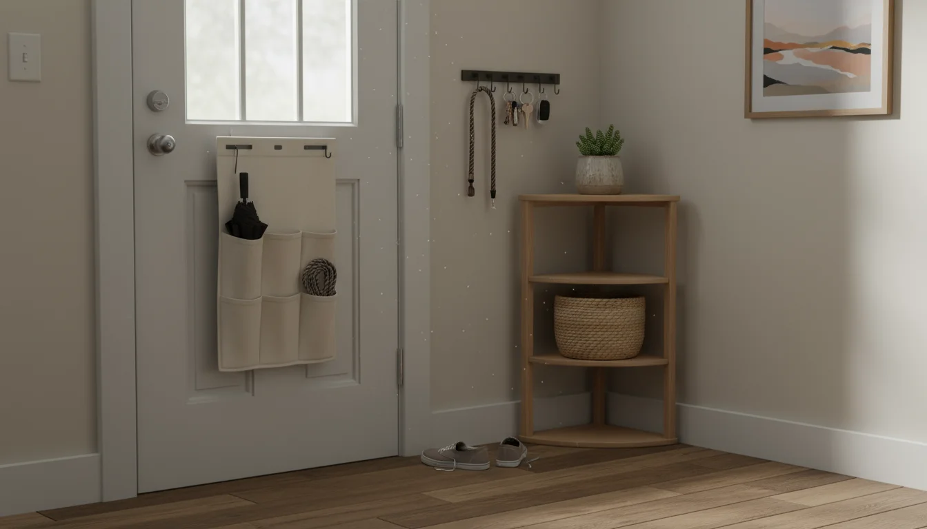 A partially open white entry door with a fabric organizer. Adjacent, a narrow corner shelf unit holds a plant and basket. A magnetic strip holds keys.