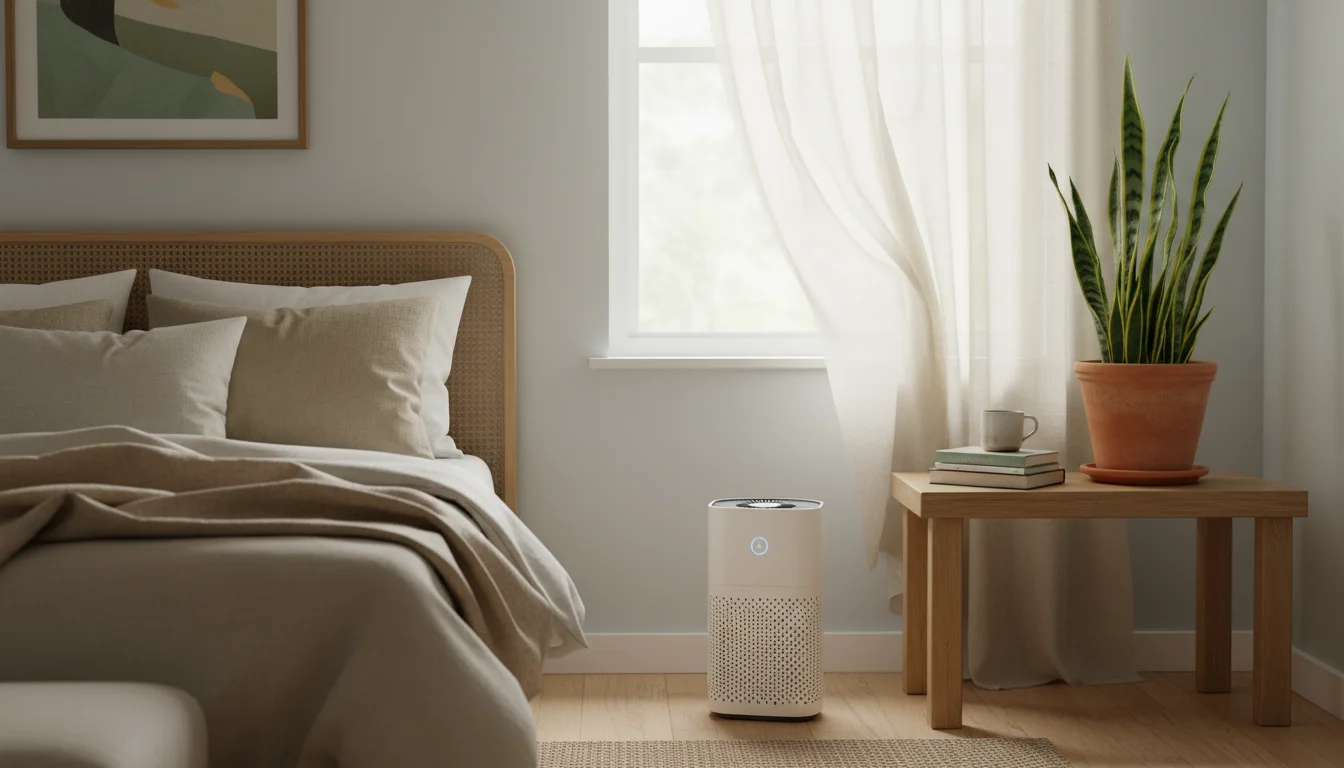 A partially open window in a clean bedroom, with a healthy snake plant on a bedside table and a compact air purifier on the floor.