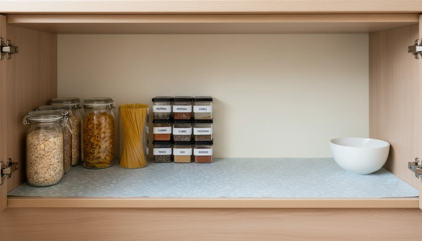 Eye-level view of a partially organized kitchen cabinet with glass jars and a basket of items on a clean floor.