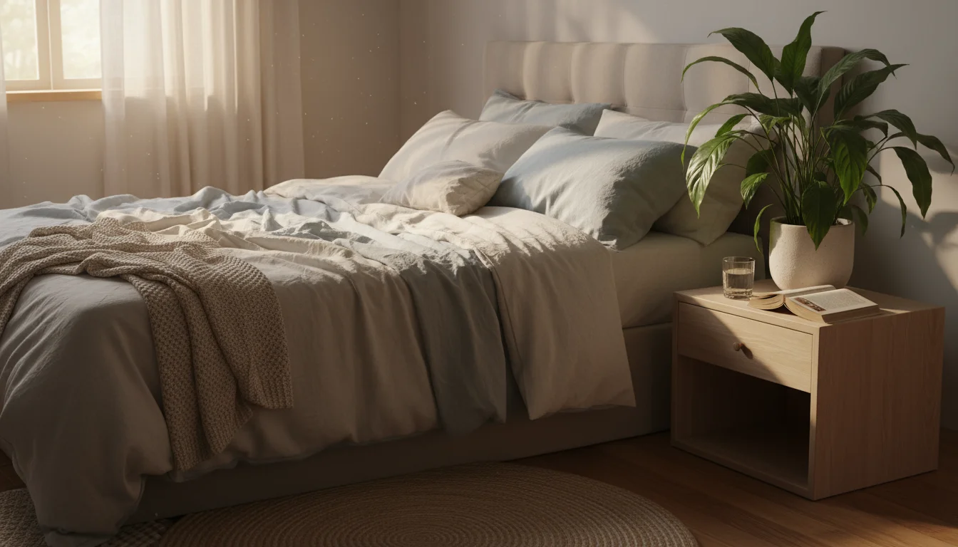 A Peace Lily plant with slightly drooping leaves sits in a ceramic pot on a wooden nightstand next to a glass of water.