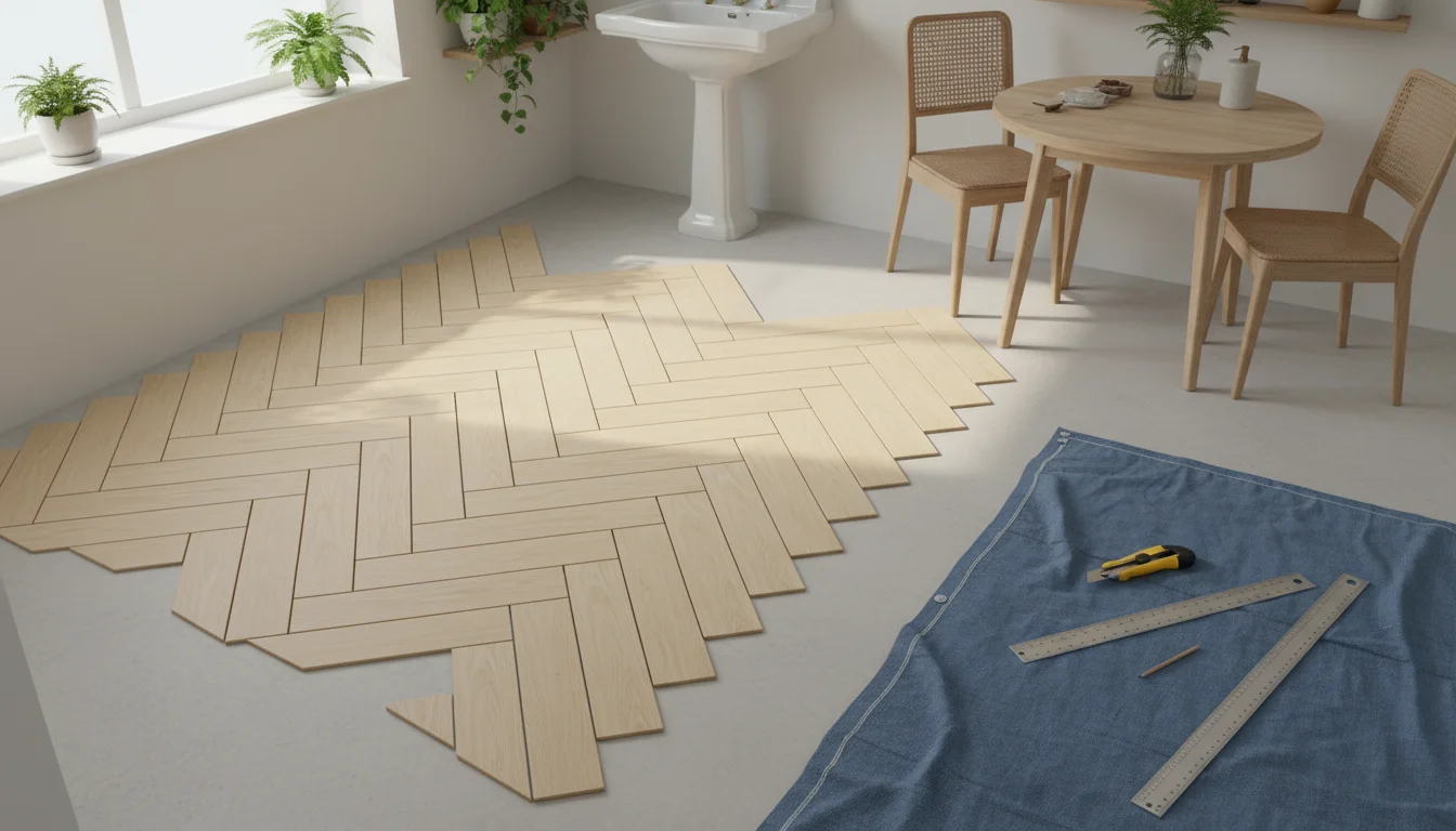 Elevated view of peel and stick tiles dry-laid in a herringbone pattern on a floor, with a utility knife, ruler, and pencil nearby. A person's legs ar