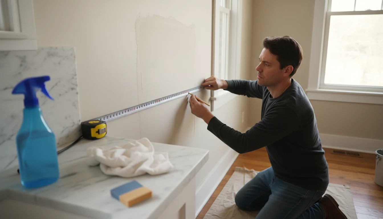 Person accurately measuring a freshly spackled and cleaned kitchen wall above a counter with a tape measure, cleaning supplies visible.