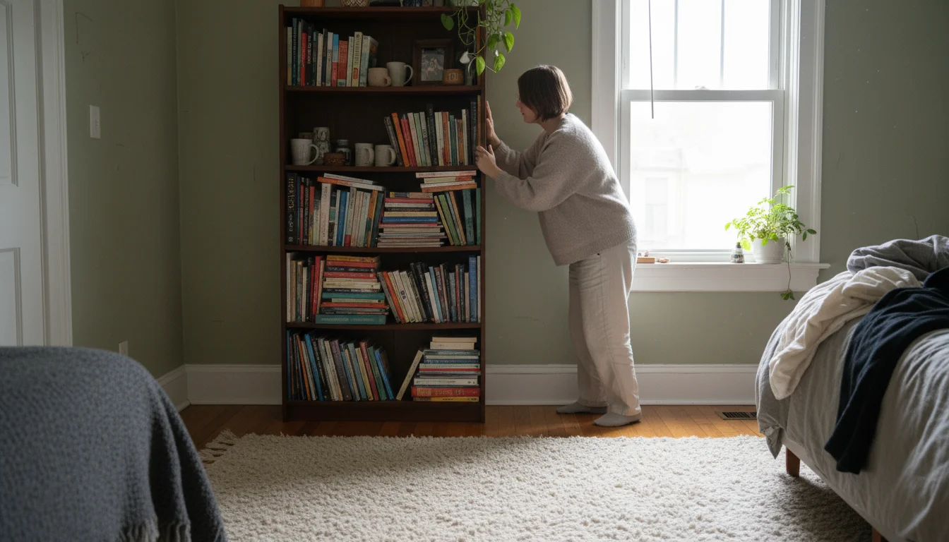 A person adjusting a tall, full bookshelf against a bedroom wall, with a soft area rug and thick curtains visible.