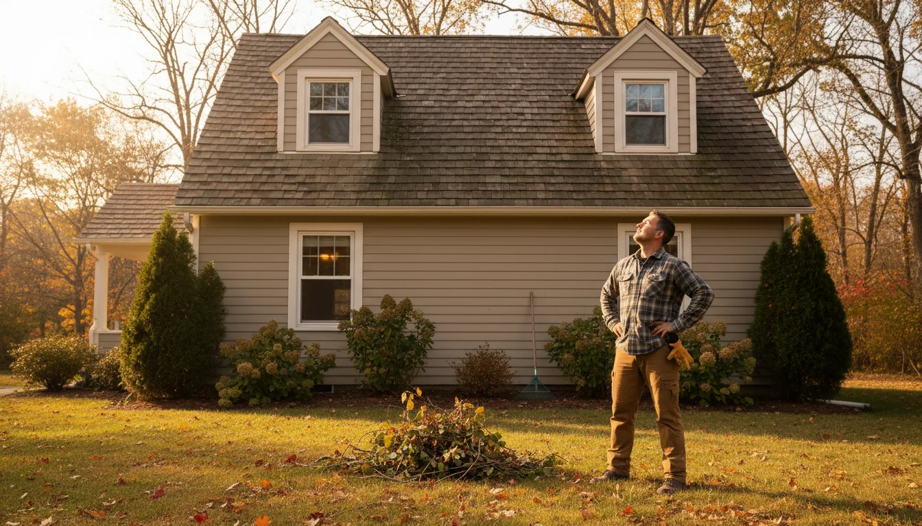 Person admiring a home with a clear roofline from trimmed trees. Pruned shrubs line the foundation, with cut branches on grass.